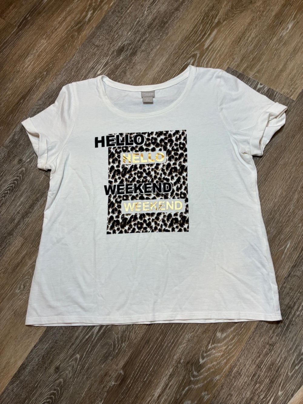 Chico's White Short Sleeve Tee with Leopard Print and Gold Text